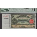 Banco Nacional Ultramarino, Mozambique, printers archival specimen 1000 Reis, 1 March 1909,...