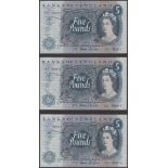 Bank of England, John S. Fforde, Â£5 (4), 9 January 1967, serial numbers T31 362874-76 and T3...