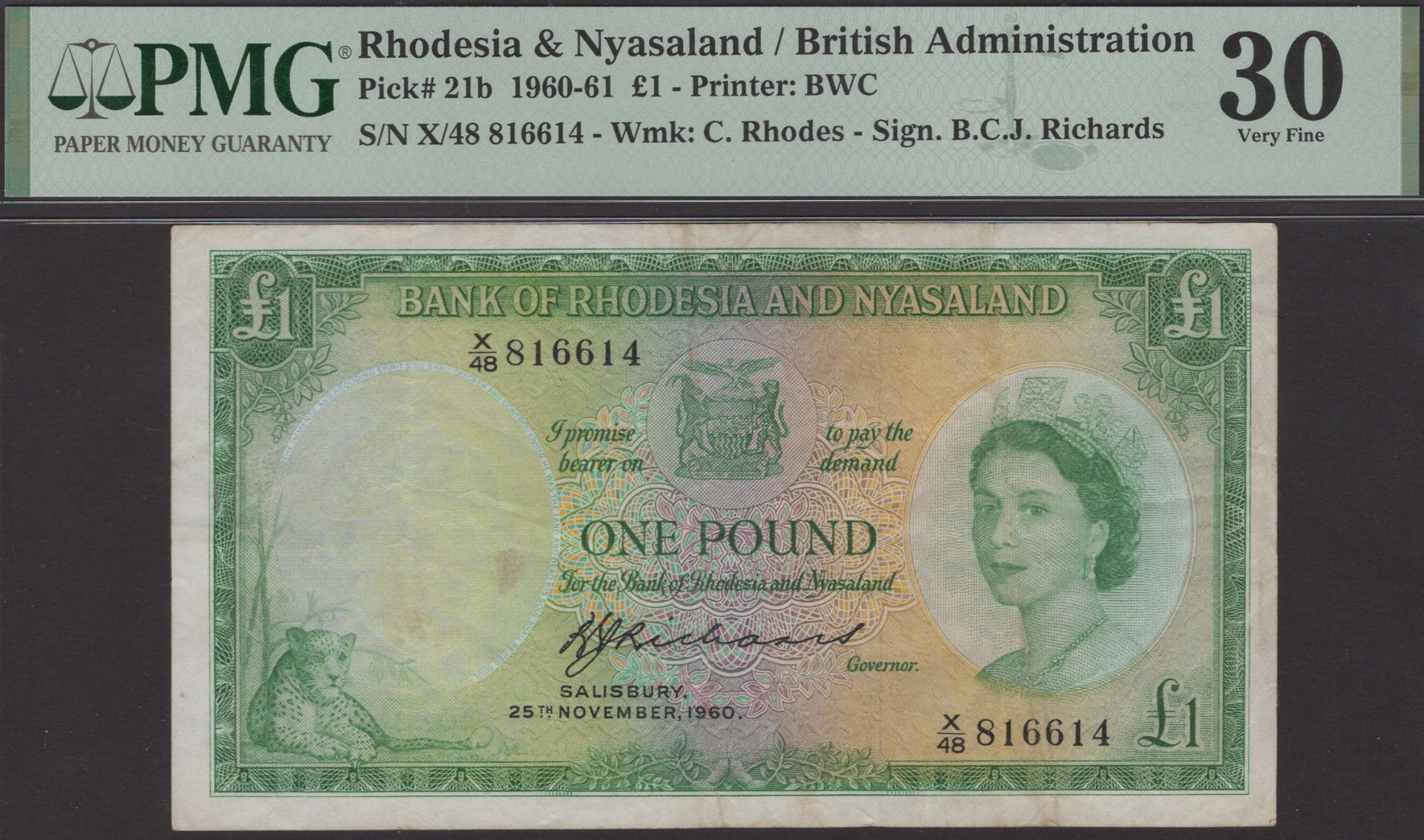 Bank of Rhodesia and Nyasaland, Â£1, 21 December 1960, serial number X/48 816614, Richards si...
