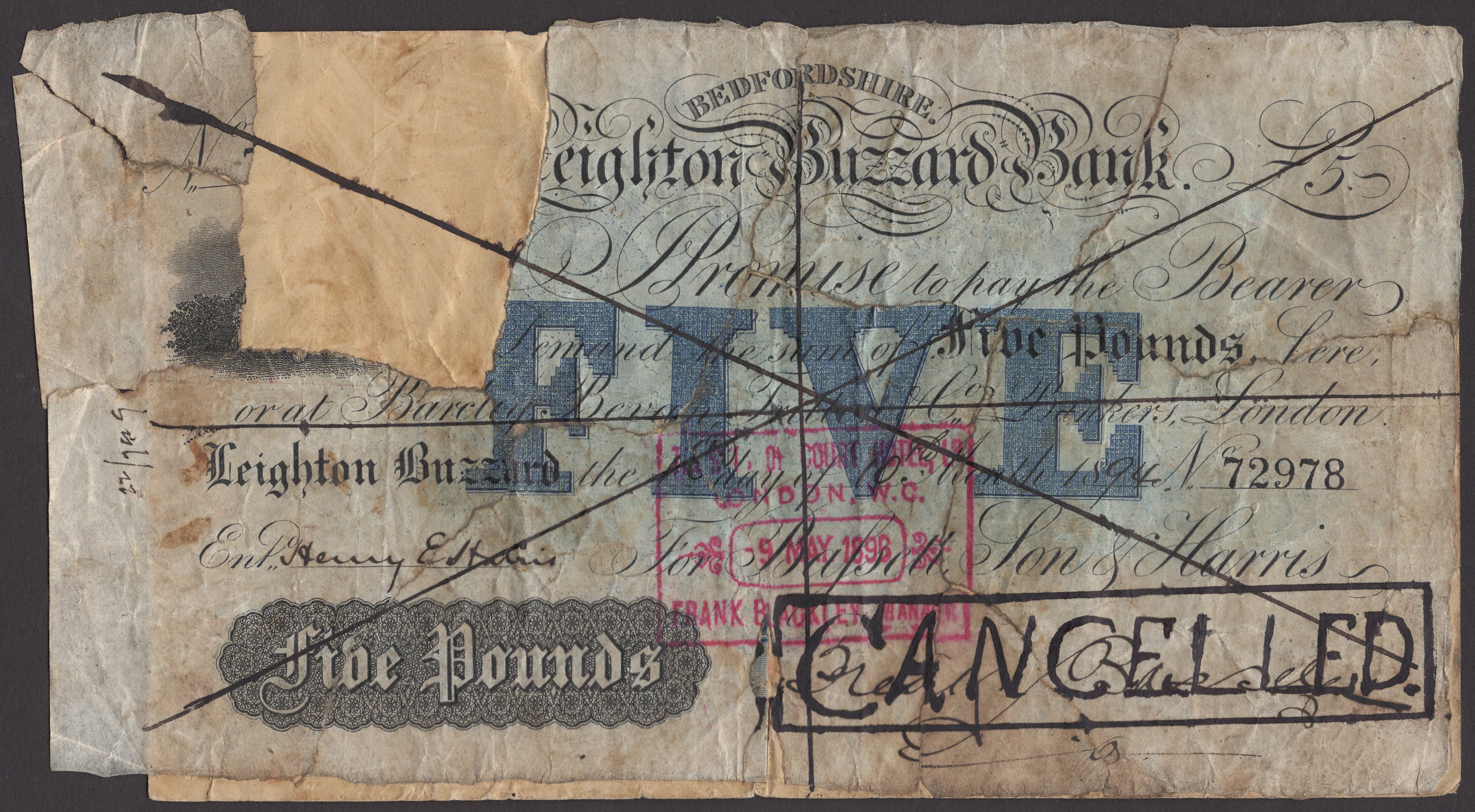 Leighton Buzzard Bank, for Bassett, Son & Harris, cancelled Â£5, 16 October 1894, serial numb...