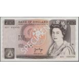 Bank of England, John B. Page, Â£10, 20 February 1975, serial number A01 000049, uncirculated...