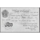 Bank of England, Kenneth O. Peppiatt, Â£5, 23 September 1944, serial number E19 027178, a few...