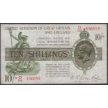 Treasury Series, Warren Fisher, 10 Shillings, 6 November 1922, serial number O/99 456098, or...