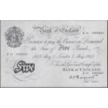 Bank of England, Kenneth O. Peppiatt, Â£5, 5 May 1945, serial number J11 042221, fresh origin...