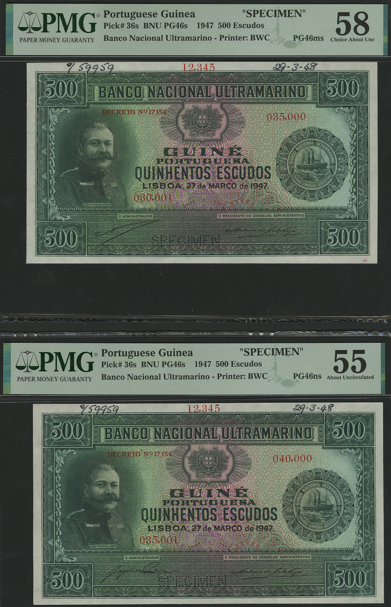 Banco Nacional Ultramarino, Portuguese Guinea, printers archival specimen 500 Escudos (2), 2...