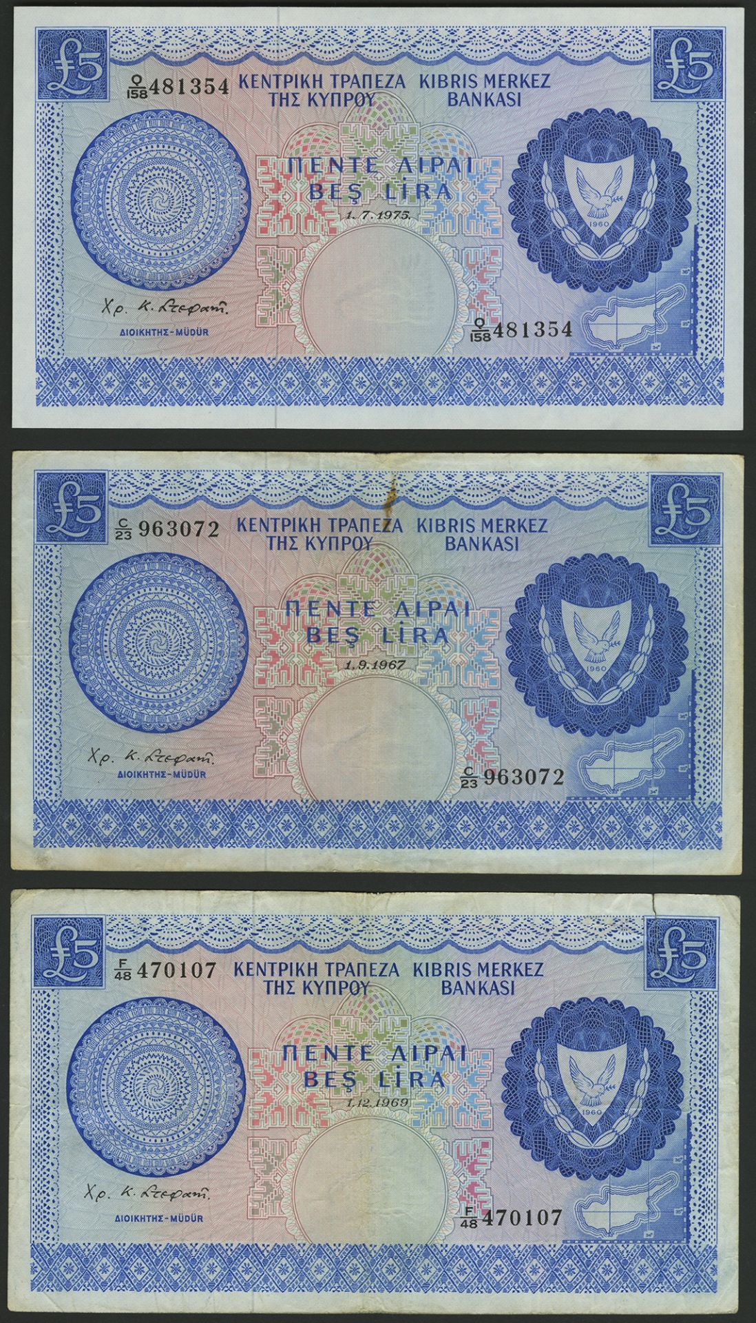Central Bank of Cyprus, a set of Â£5 notes, dated 1967, prefix C/23, 1969, prefix F/48, 1972,...