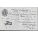 Bank of England, Kenneth O. Peppiatt, Â£5, 23 September 1944, serial number E19 027179, uncir...