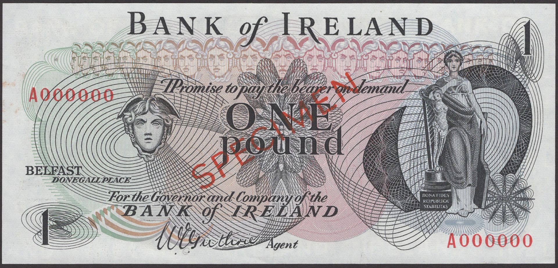 Bank of Ireland, Â£1, 1967, serial number A000000, Guthrie signature, red SPECIMEN overprint,...