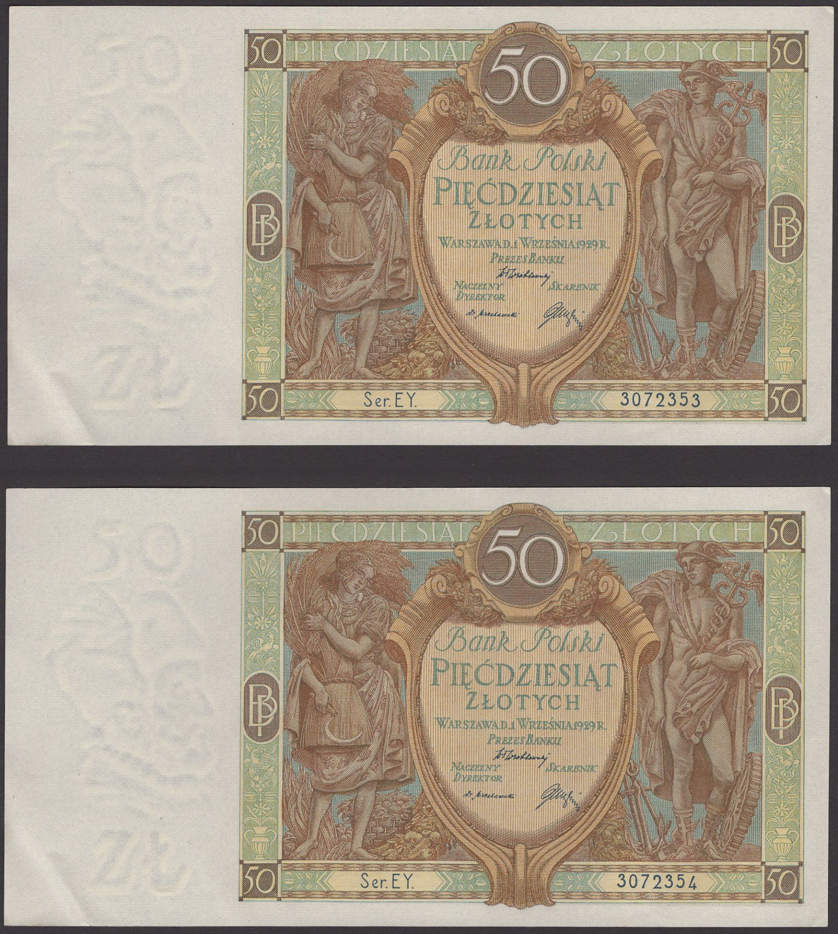 Bank Polski, Poland, 50 Zloytch (5), 1929, serial numbers EY 3072353-58, corner bend, thus a...