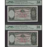 Commonwealth of Australia, Â£1 (2), ND (1939), serial numbers P/66 898307-08, Sheehan and McF...