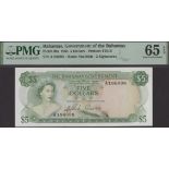 Bahamas Government, $5, 1965, serial number A186098, Sand and Higgs signatures, in PMG holde...