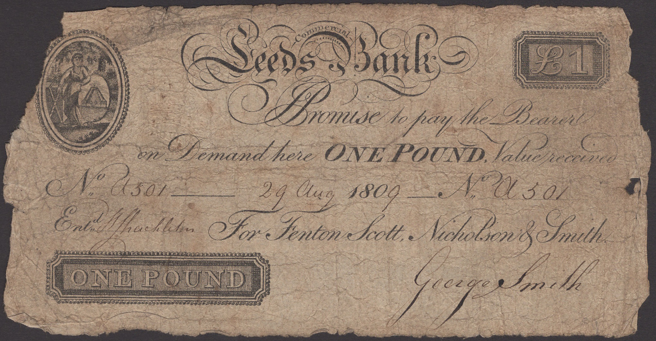 Leeds Commercial Bank, for Fenton Scott, Nicholson & Smith, Â£1, 29 August 1809, serial numbe...