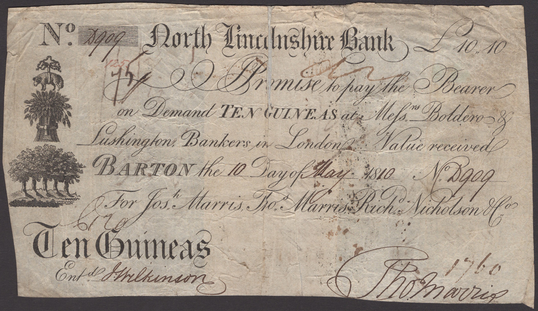 North Lincolnshire Bank, Barton, for Josh Marris, Thos Marris, Richd Nicholson & Co., 10 Gui...