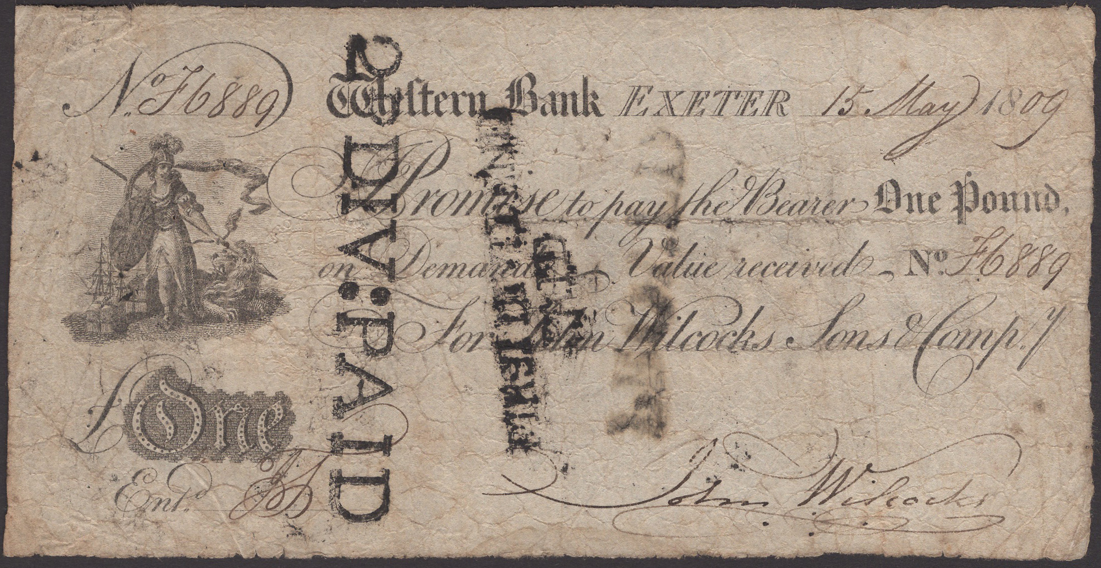 Western Bank, Exeter, for John Wilcocks, Sons & Compy, Â£1, 15 May 1809, serial number F 6889...