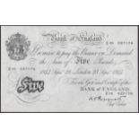 Bank of England, Kenneth O. Peppiatt, Â£5, 23 September 1944, serial number E19 027176, a sin...