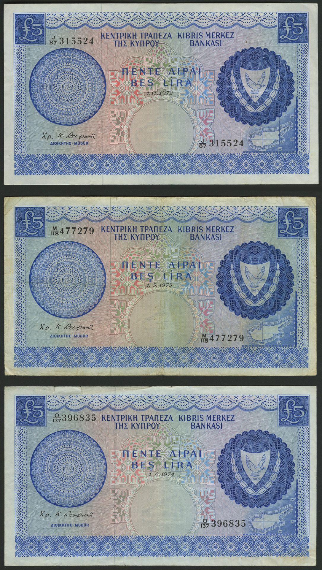 Central Bank of Cyprus, a set of Â£5 notes, dated 1967, prefix C/23, 1969, prefix F/48, 1972,... - Bild 3 aus 4