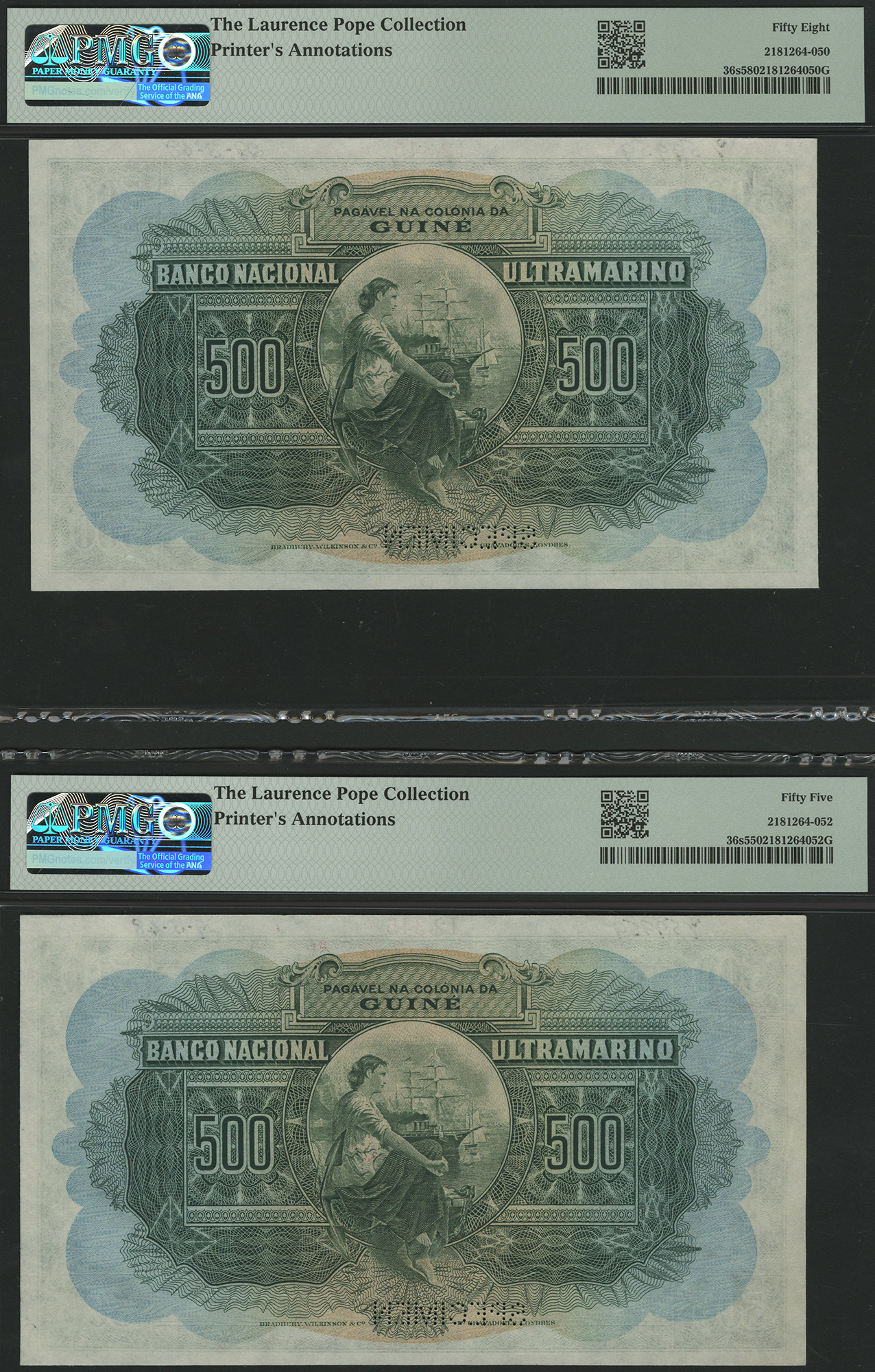 Banco Nacional Ultramarino, Portuguese Guinea, printers archival specimen 500 Escudos (2), 2... - Image 2 of 2