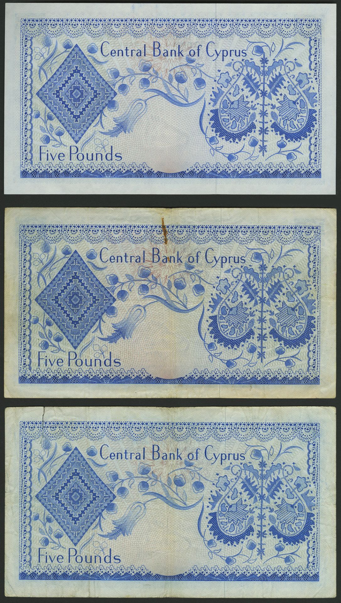 Central Bank of Cyprus, a set of Â£5 notes, dated 1967, prefix C/23, 1969, prefix F/48, 1972,... - Bild 2 aus 4