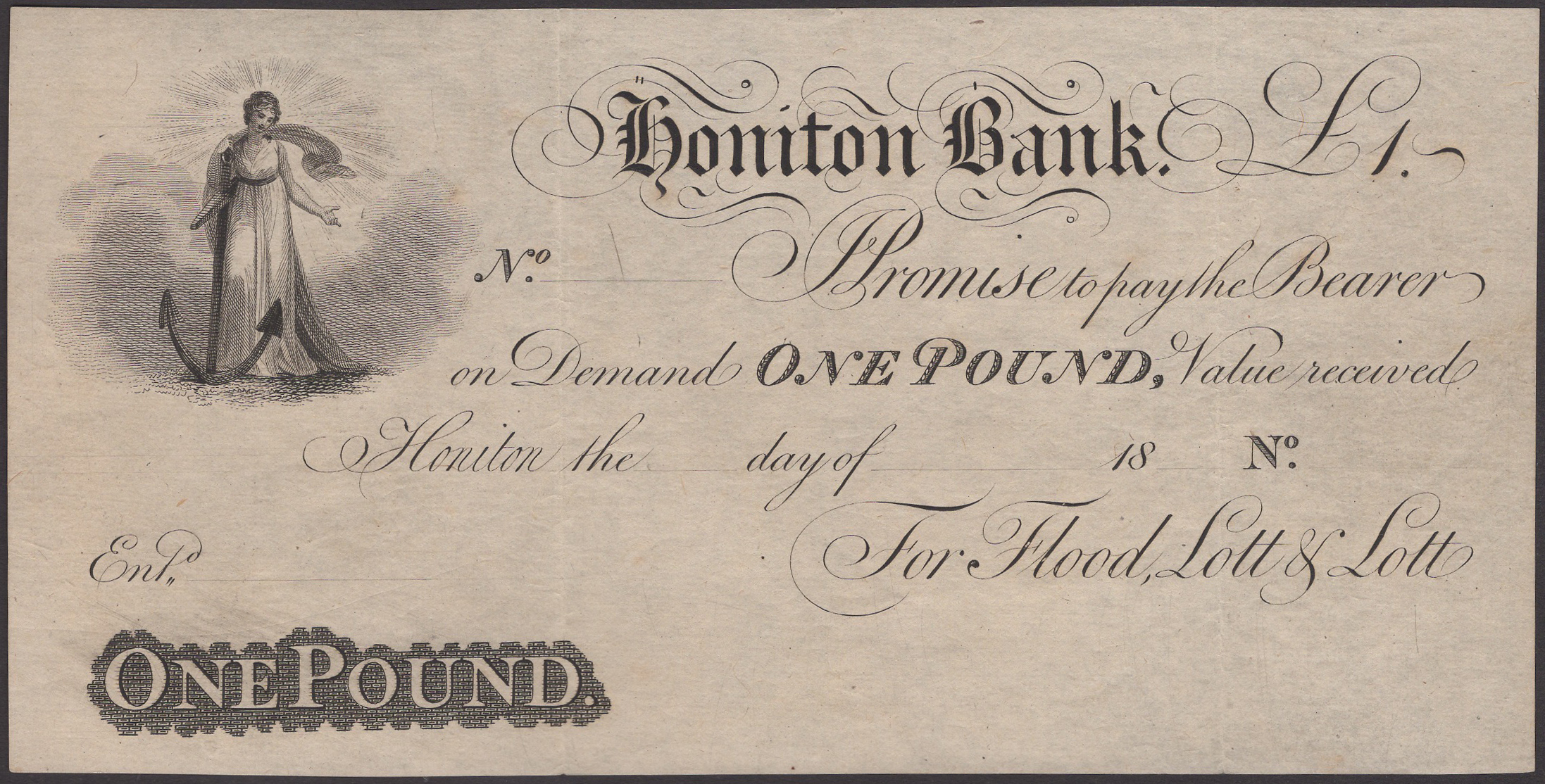 Honiton Bank, for Flood, Lott & lott, proof on paper for Â£1, 18-, no signature or serial num...