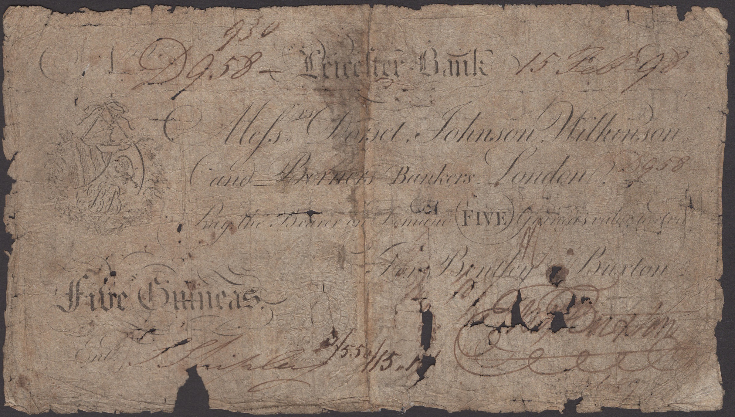 Leicester Bank, for Bentley & Buxton, 5 Guineas, 15 February 1798, serial number D958, split...