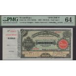 Banco Nacional Ultramarino, Mozambique, printers archival specimen 1000 Reis, 1 March 1909,...