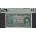 Banco Nacional Ultramarino, Portuguese India, printers archival specimen 5 Rupias, 29 Novemb...