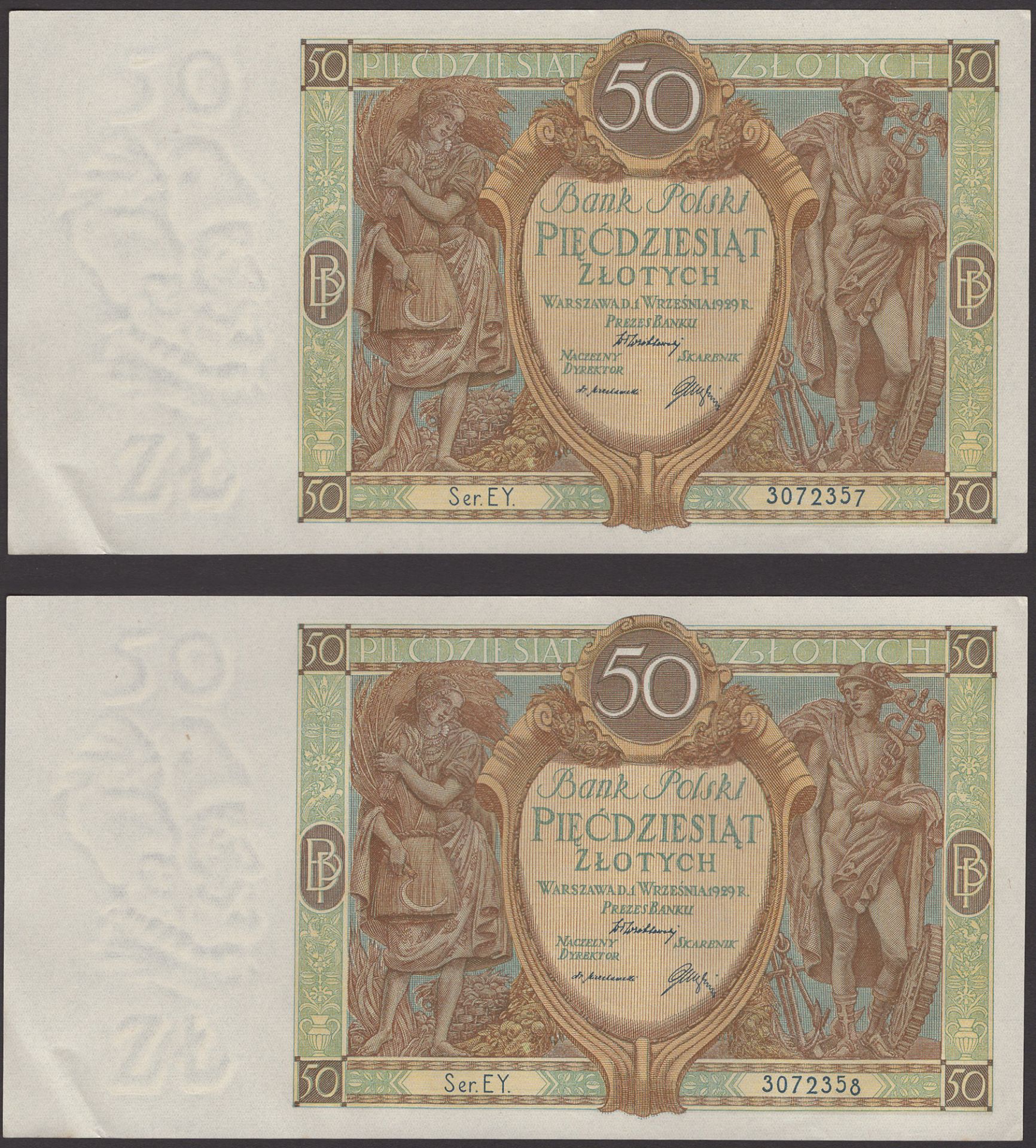 Bank Polski, Poland, 50 Zloytch (5), 1929, serial numbers EY 3072353-58, corner bend, thus a... - Bild 5 aus 6
