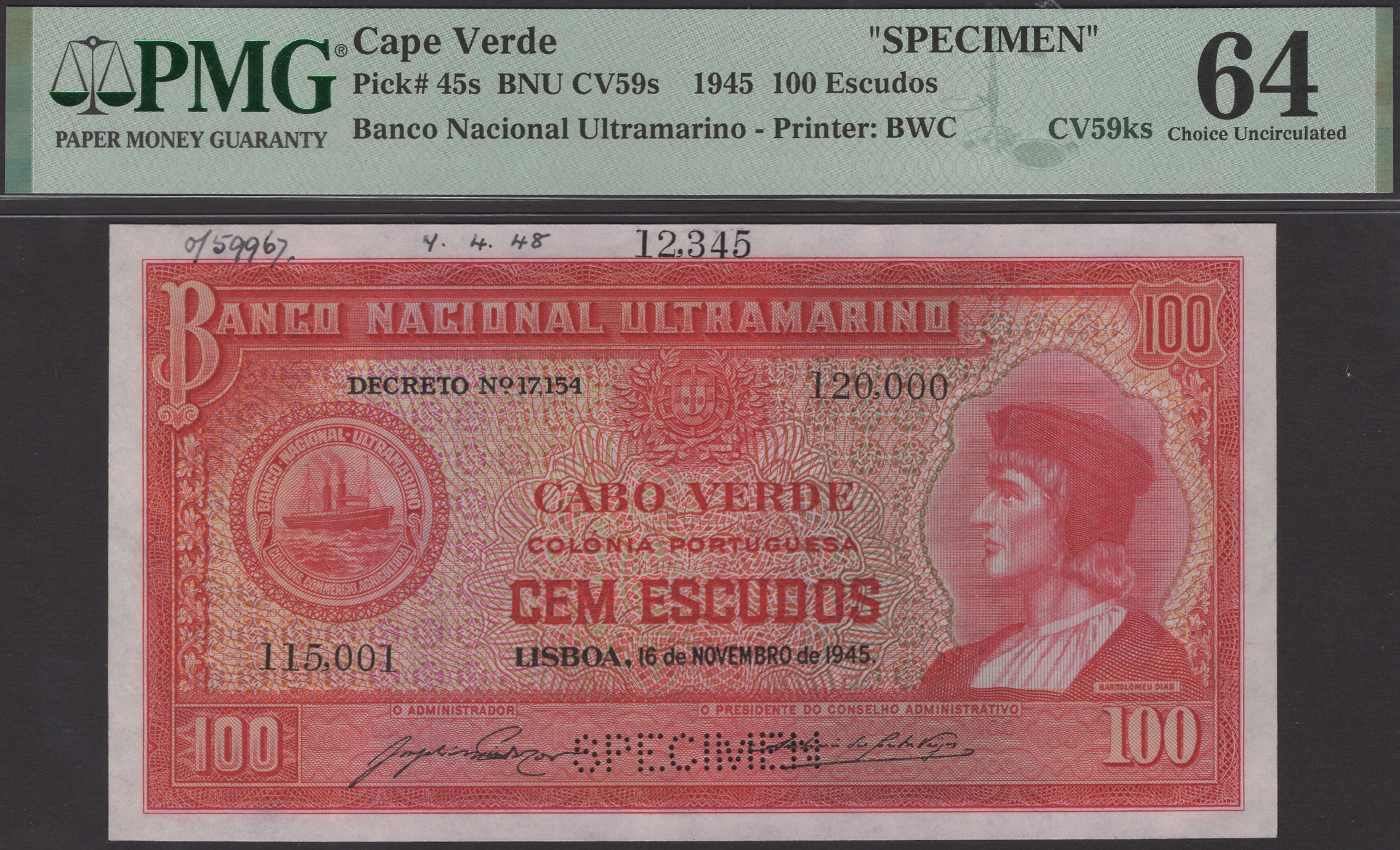 Banco Nacional Ultramarino, Cape Verde, printers archival specimen 100 Escudos, 16 November...