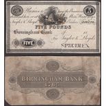 Birmingham Bank, for Taylor & Lloyds, obverse and reverse proofs for Â£5, 18- (1865), no sign...