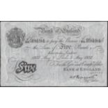 Bank of England, Kenneth O. Peppiatt, Â£5, Leeds, 3 May 1937, serial number T/253 89194, a cr...