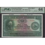 Banco Nacional Ultramarino, Portuguese Guinea, printers archival specimen 500 Escudos, 27 Ma...