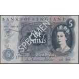 Bank of England, Jasper Q. Hollom, Â£5, 21 February 1963, serial number A01 0000117, minor ha...