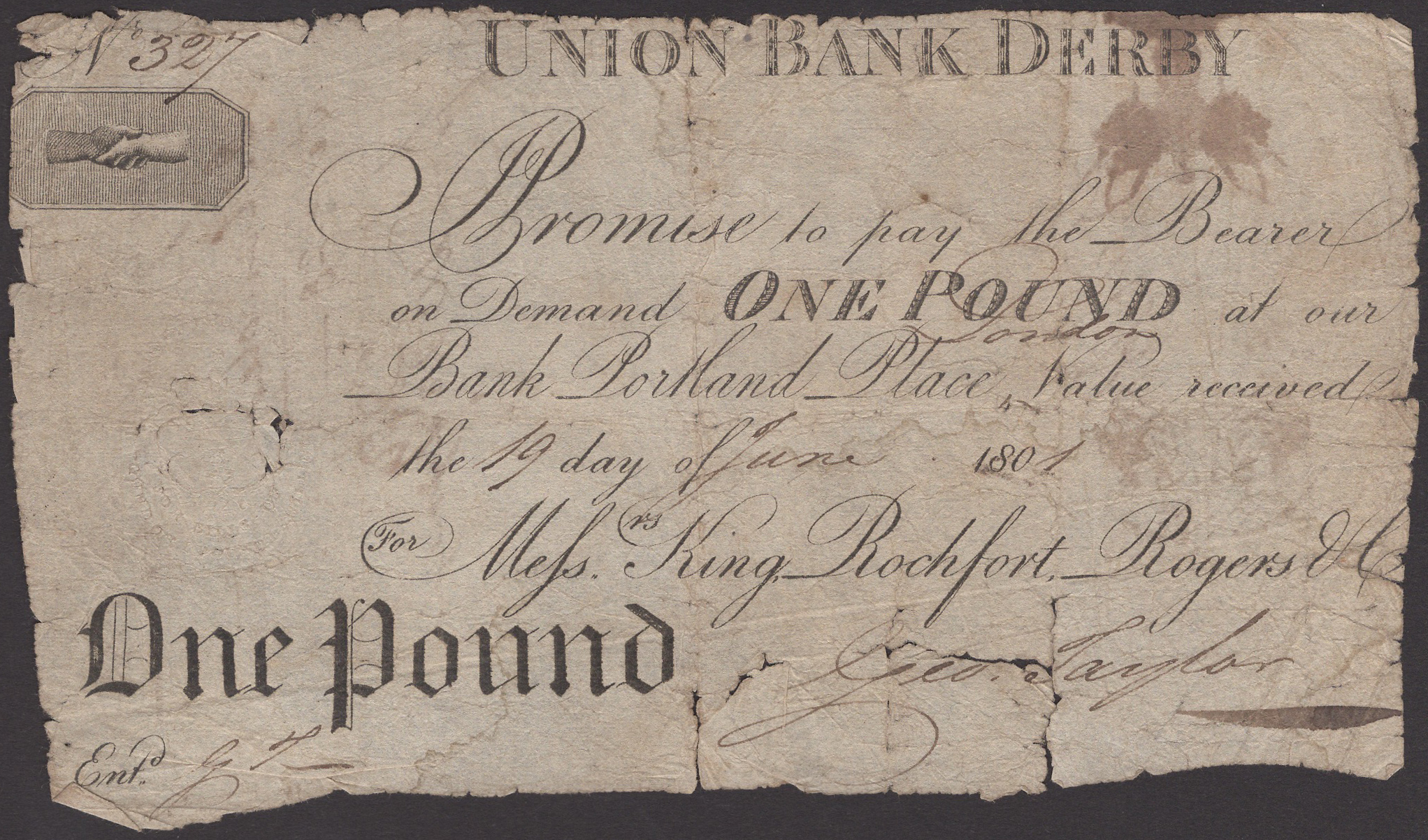 Union Bank Derby, for King, Rochfort, Rogers & Co., Â£1, 19 June 1801, serial number 327, Tay...