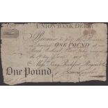 Union Bank Derby, for King, Rochfort, Rogers & Co., Â£1, 19 June 1801, serial number 327, Tay...