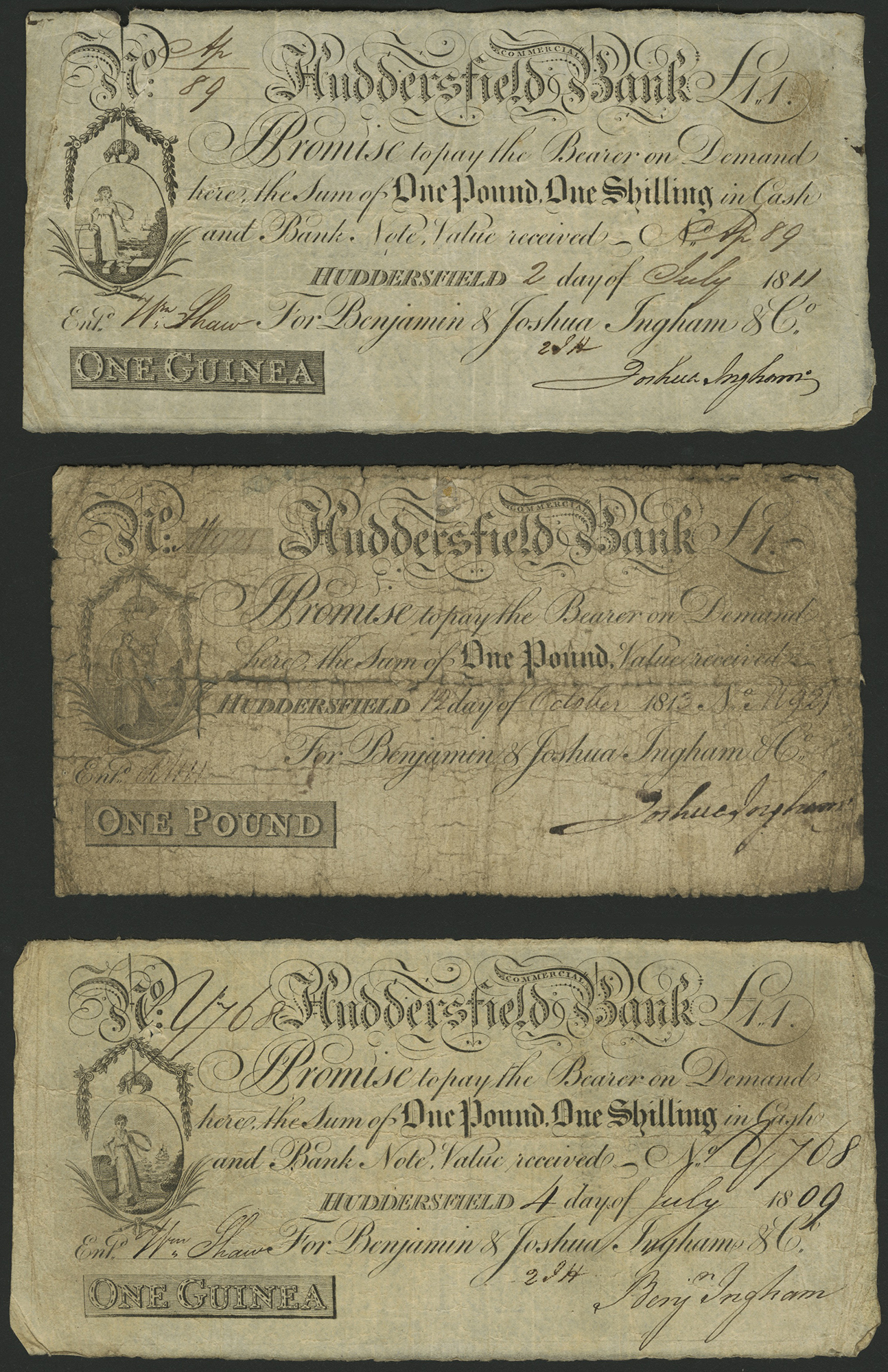 Huddersfield Commercial Bank, for Benjamin & Joshua Ingham & Co., Â£1 and 1 Guinea (2), 1811,...