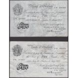 Bank of England, Kenneth O. Peppiatt, Â£5 (2), 16 July 1945, serial number J72 073472, 29 Mar...