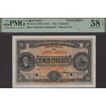 Banco Nacional Ultramarino, Cape Verde, specimen/proof 5 Escudos, 1 January 1921, no serial...