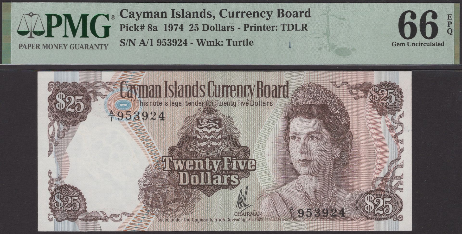 Cayman Islands Currency Board, $25, 1974 (1981), serial number A/1 953924, Johnson signature...