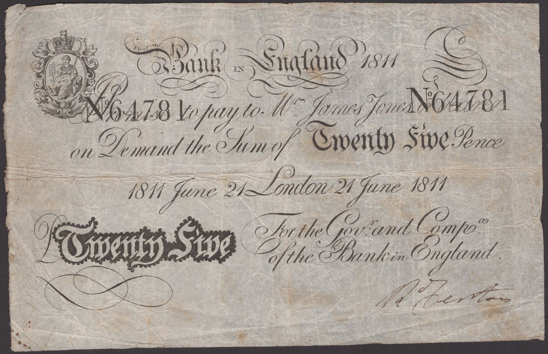 Fleet Bank in England, 25 Pence, 21 June 1811, serial number 64781, signature of R. Denton,...