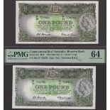 Reserve Bank of Australia, Â£1 (2), ND (1961), serial numbers HF/19 728944 and HK/33 716950,...