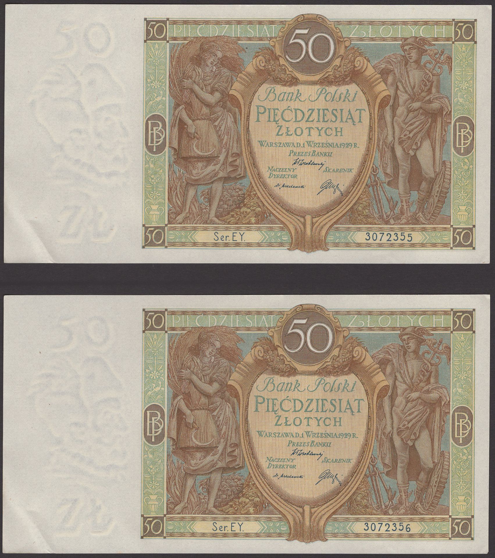 Bank Polski, Poland, 50 Zloytch (5), 1929, serial numbers EY 3072353-58, corner bend, thus a... - Bild 3 aus 6