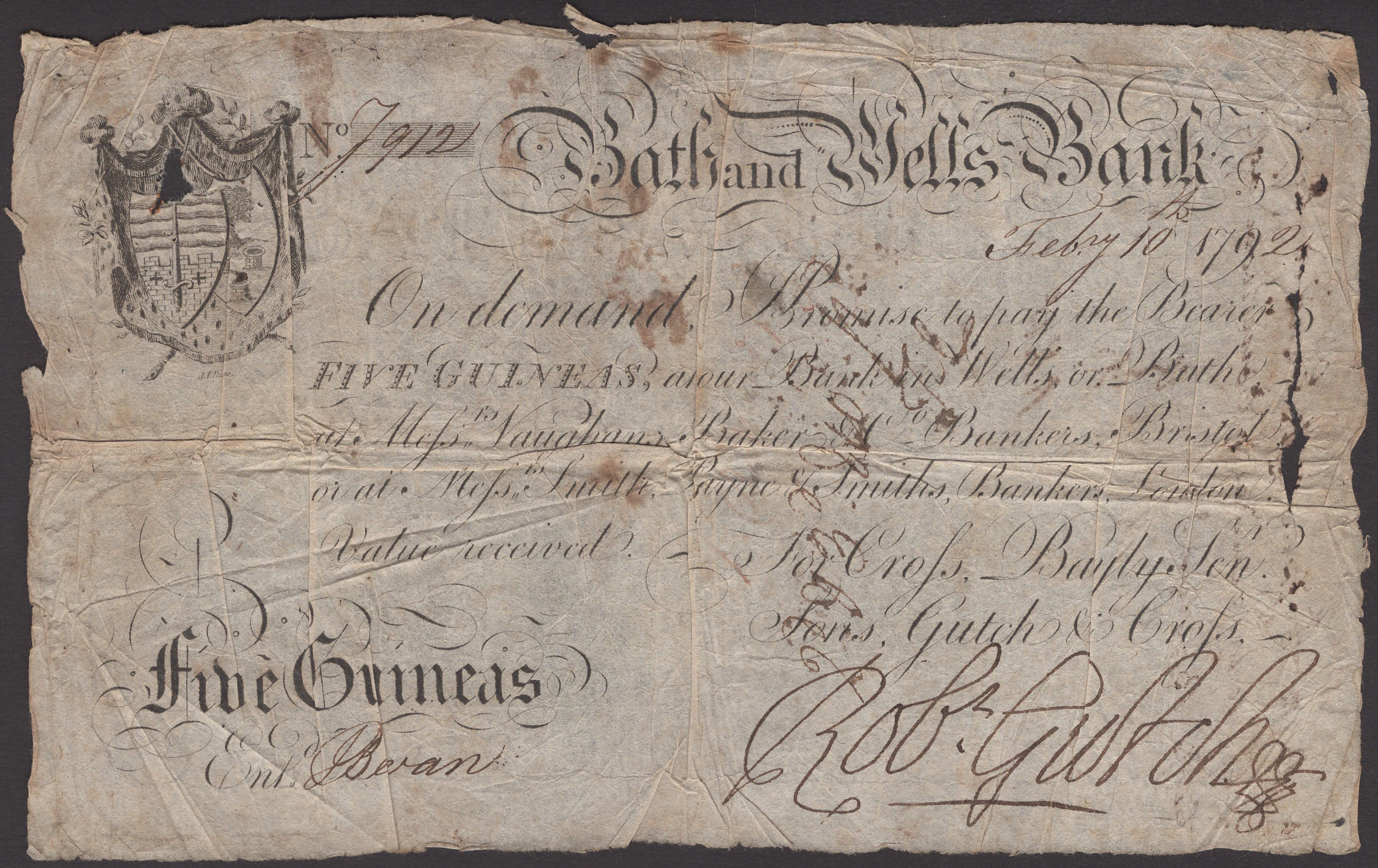 Bath and Wells Bank, for Cross, Bayly Senr., Sons, Gutch & Cross, 5 Guineas, 10 February 179...