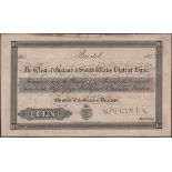 The West of England & South Wales District Bank, Bristol, proof on card for Â£10, 185-, no si...