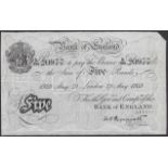 Bank of England, Kenneth O. Peppiatt, Â£5, London, 29 May 1939, serial number B/369 20977, an...