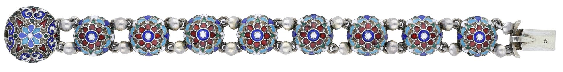 A Russian silver and polychrome enamel bracelet, composed of domed roundels, each stamped to...