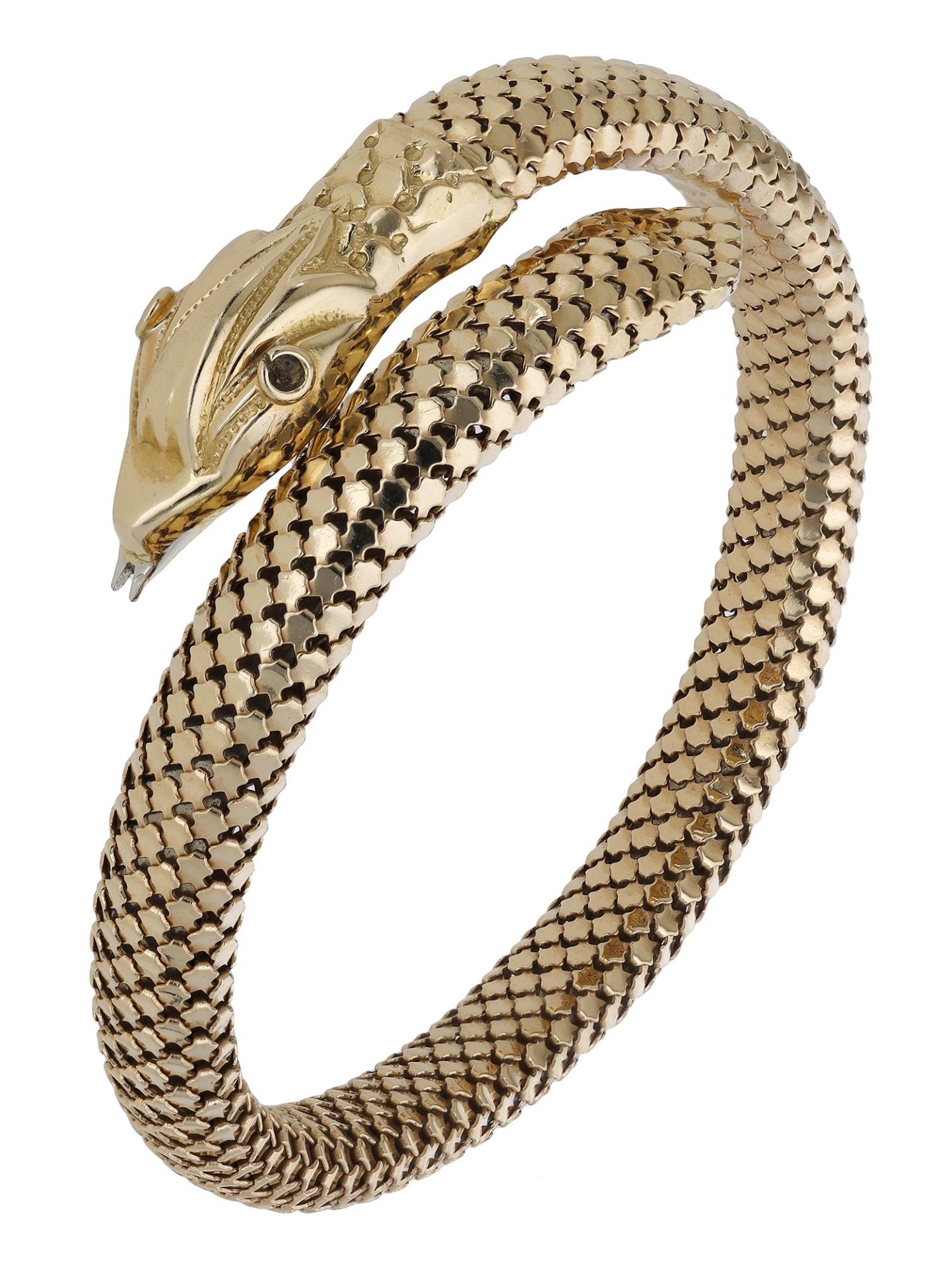 A serpent bangle, the wraparound cuff with an openwork sprung body and realistically modelle...