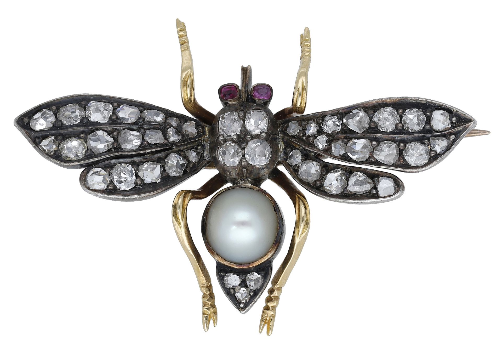 A late 19th century diamond and pearl set insect brooch, set throughout with old brilliant-c...