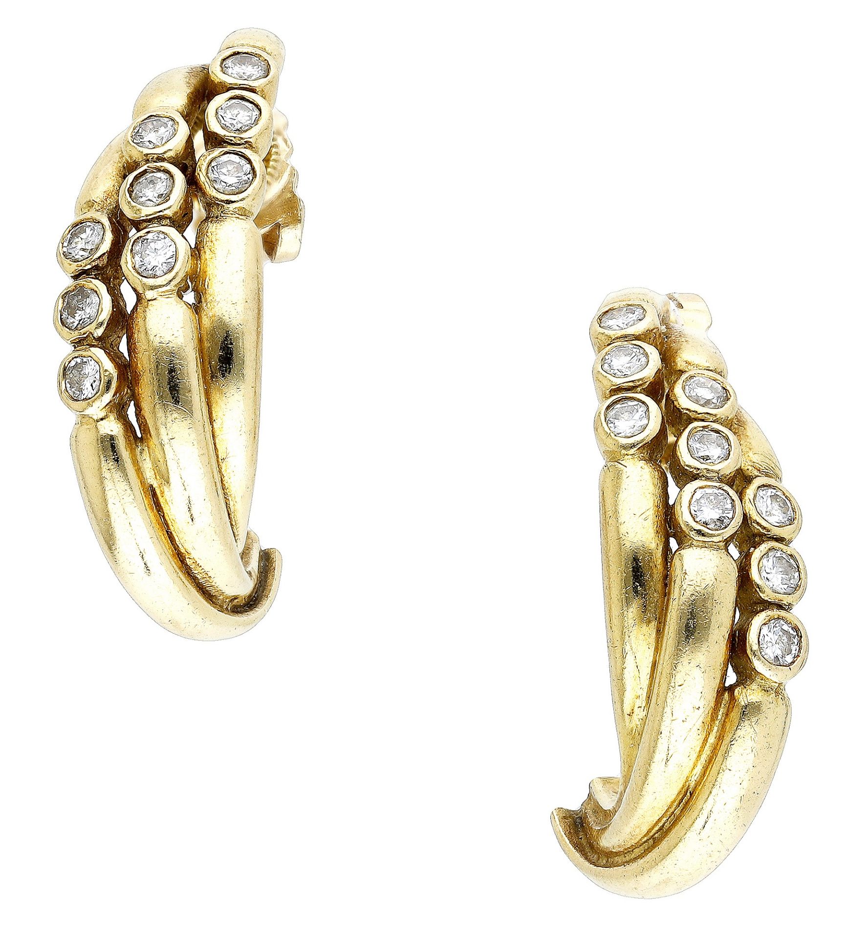 A pair of 18ct gold and diamond set earrings, the stylised hoops collet-set with brilliant-c...