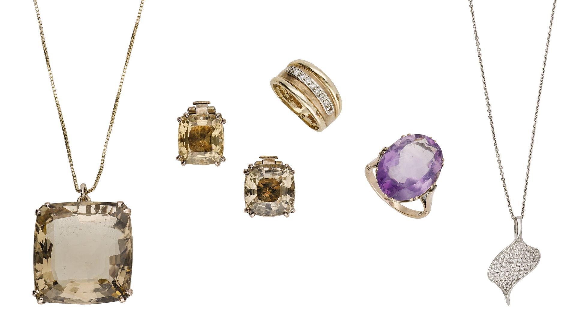 A small collection of jewellery, comprising a smoky quartz pendant on silver gilt chain and...