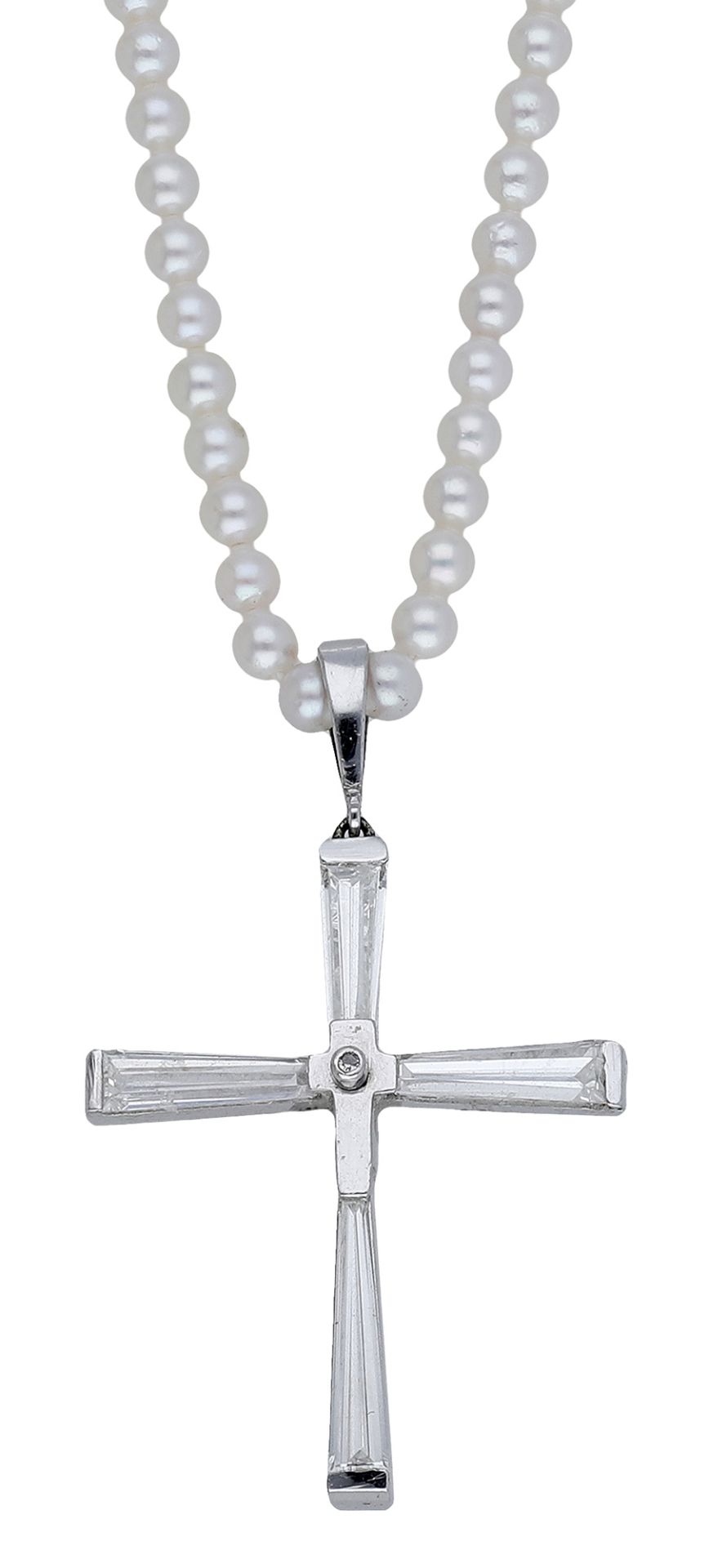 A cultured pearl and diamond pendant necklace, the single row of uniform cultured pearls sus...